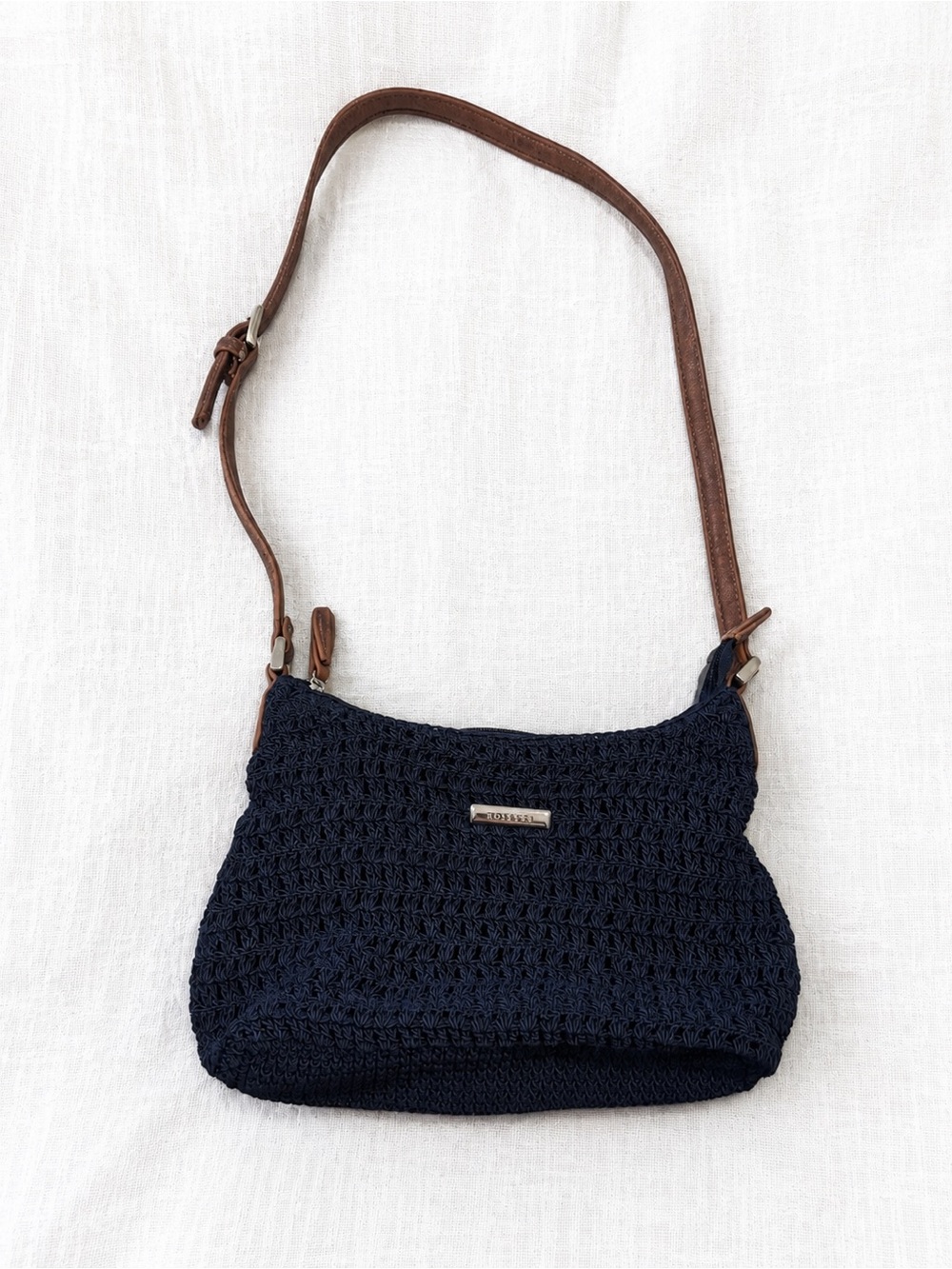Rosetti Navy Crochet Crossbody with Brown Strap